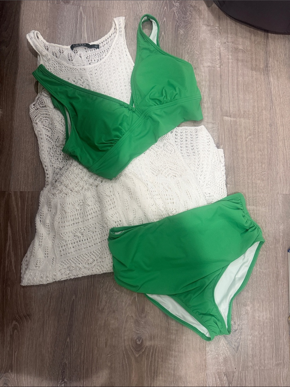 Ralph Lauren Crochet Dress Swim Cover-Up with Green bikini Underlayer